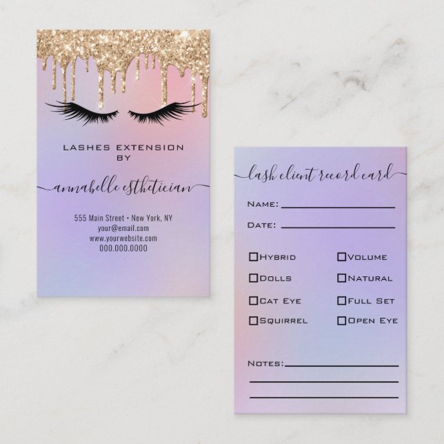 Glitzer Gold Eyelash Extension Client Record Busi Visitenkarte (Vorne/Hinten)