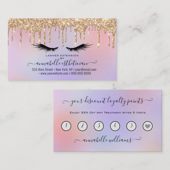 Glitzer Gold Eyelash Extension Loyalty Business Visitenkarte (Vorne/Hinten)