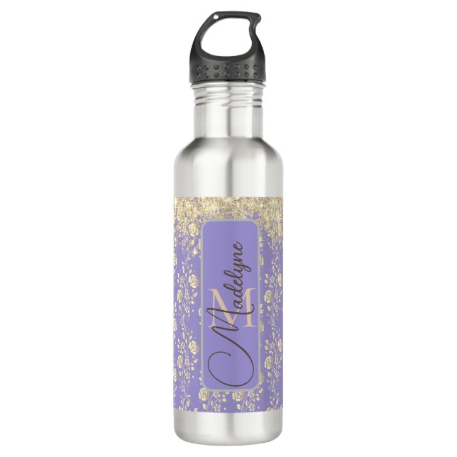 Glitzer Gold Floral on Lavender Personalize Edelstahlflasche (Vorderseite)