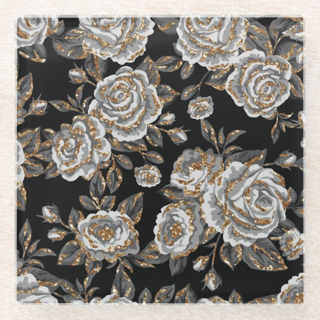 Glitzer Gold Floral: Sparkle Vintag. Glasuntersetzer (Vorderseite)