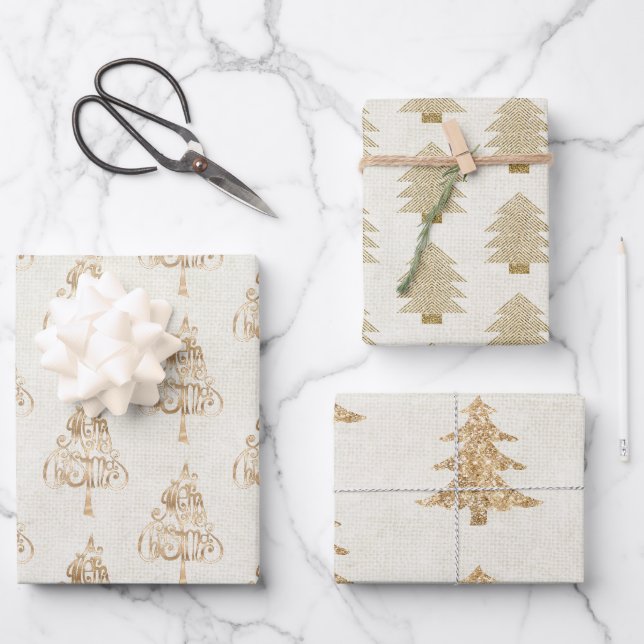 Glitzer Gold Glam Weihnachtsbaumen Geschenkpapier Set (Vorderseite)