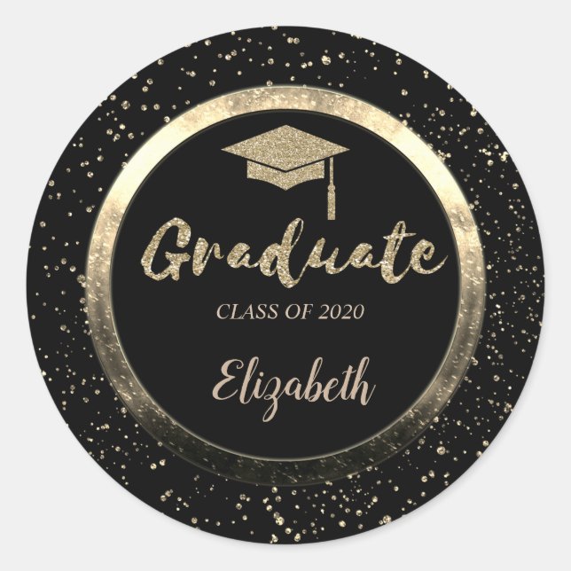 Glitzer Gold Grad Cap, Confetti, Black Runder Aufkleber (Vorderseite)