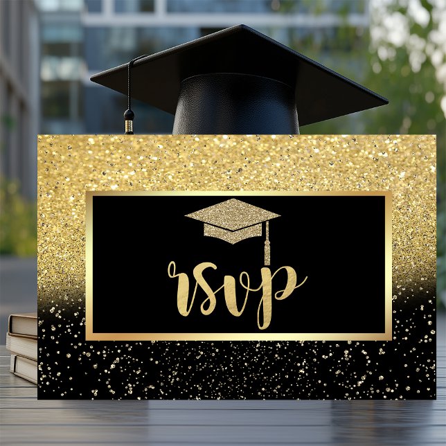 Glitzer Gold Grad Cap, Confetti Graduation Party RSVP Karte (Von Creator hochgeladen)