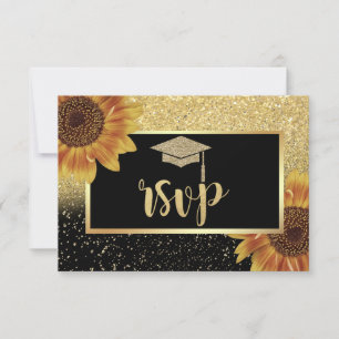 Glitzer Gold Grad Cap, Sonnenblumen Graduierungspa RSVP Karte