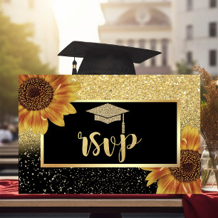 Glitzer Gold Grad Cap, Sonnenblumen Graduierungspa RSVP Karte