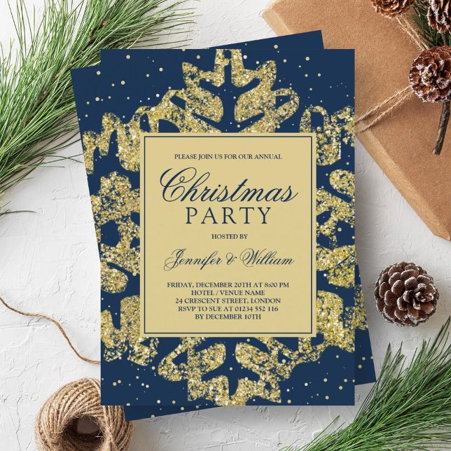 Glitzer Gold & Navy Elegante Weihnachtsfeier Einladung (Gold & Navy Glitter Elegant Xmas Holiday Party Invitation)