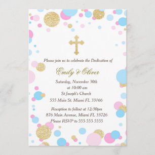 Glitzer Gold Pink Blue Twin Dedication Einladung