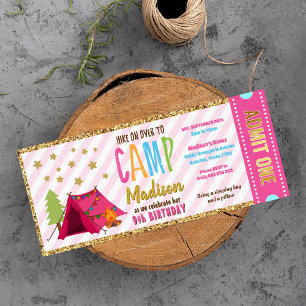 Glitzer Gold Pink Glamping Ticket Pass Geburtstag Einladung