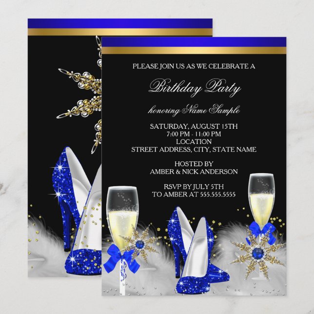 Glitzer Gold Royal Blue Heelse Black Champagne Einladung (Vorne/Hinten)