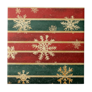 Glitzer-Gold-Schneeflocken auf Rot & Grün gestreif Fliese