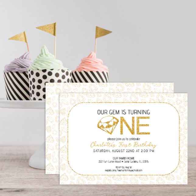 Glitzer Gold Spiel 1. Geburtstag Einladung (minimalist gem birthday party invitation in glitter gold, bold typography)