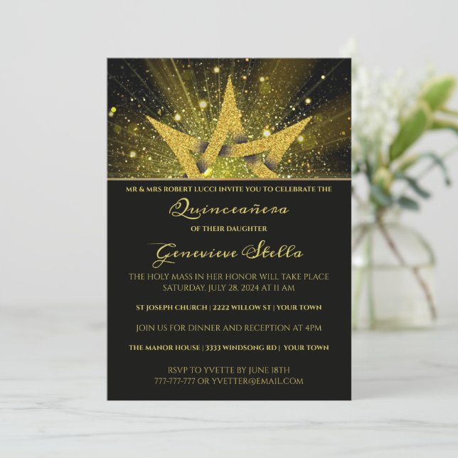 Glitzer Gold Star Quinceanera Einladung (Stehend Vorderseite)