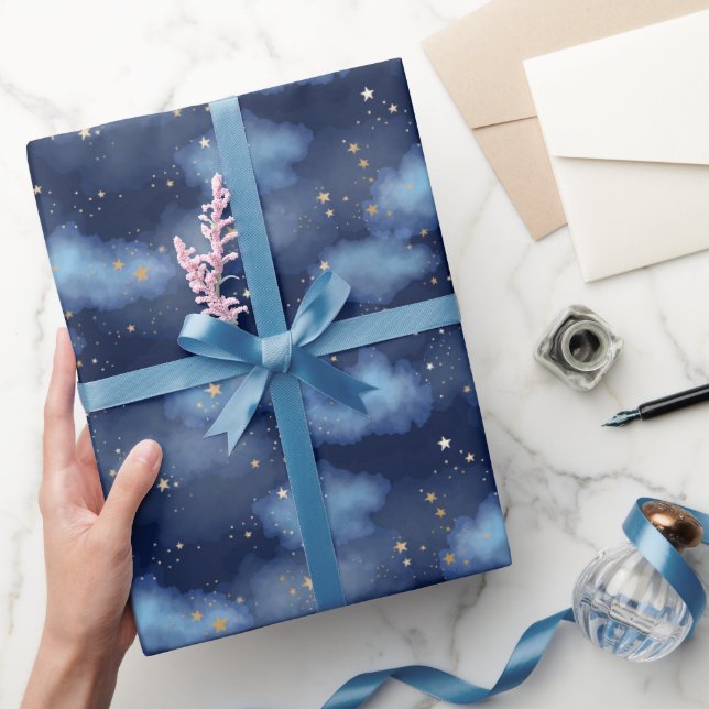 Glitzer Gold Stars Dark Blue Sky Muster Geschenkpapier (Schenken)