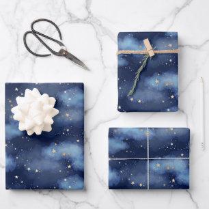 Glitzer Gold Stars Dark Blue Sky Muster Geschenkpapier Set