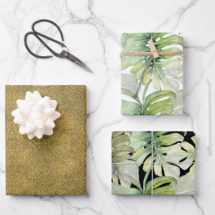 Glitzer Gold Tropical Monstero Wasserfarbenes Must Geschenkpapier Set
