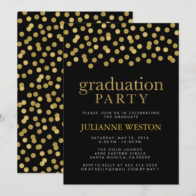 Glitzer Gold und Black Confetti Graduation Party Einladung (Vorne/Hinten)