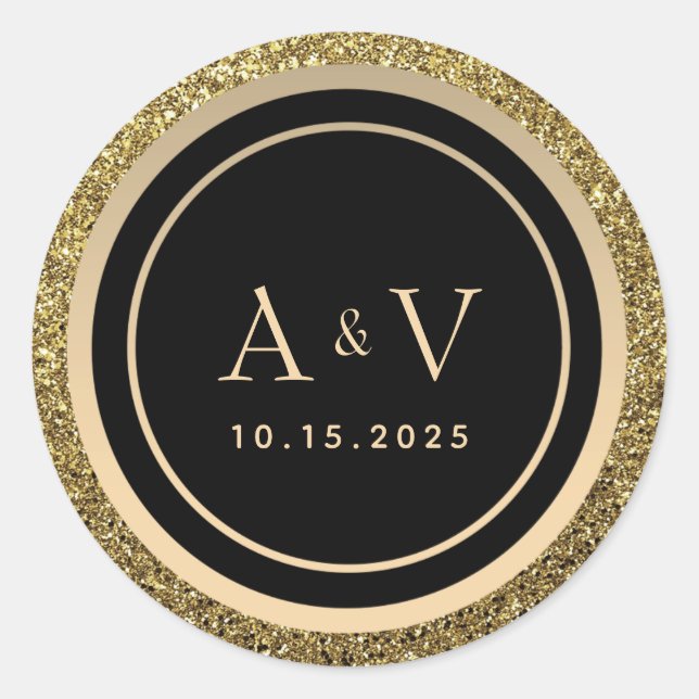 Glitzer Gold und Black Monogram Wedding Runder Aufkleber (Vorderseite)