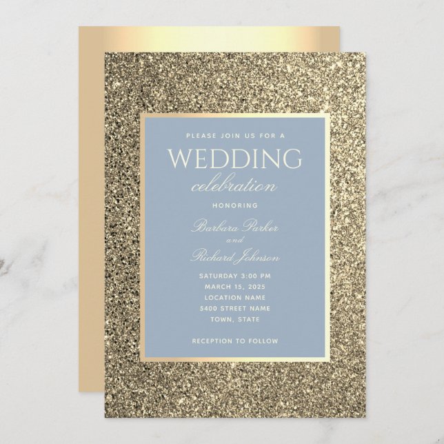 Glitzer Gold und Dusty Blue Hochzeit Einladung (Vorne/Hinten)