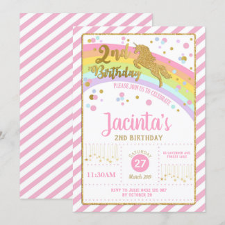 Glitzer Gold Unicorn 2. Geburtstag Einladung Girl