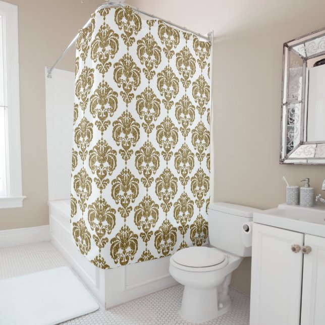 Glitzer Gold & White Damask Modernes Design Duschvorhang (Beispiel)