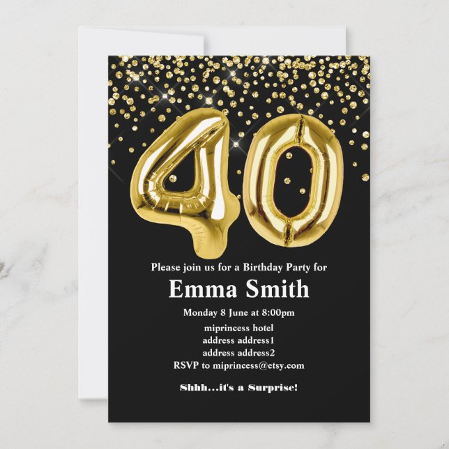 Glitzer Goldballon für 40. Geburtstag Party Einladung (Vorderseite)