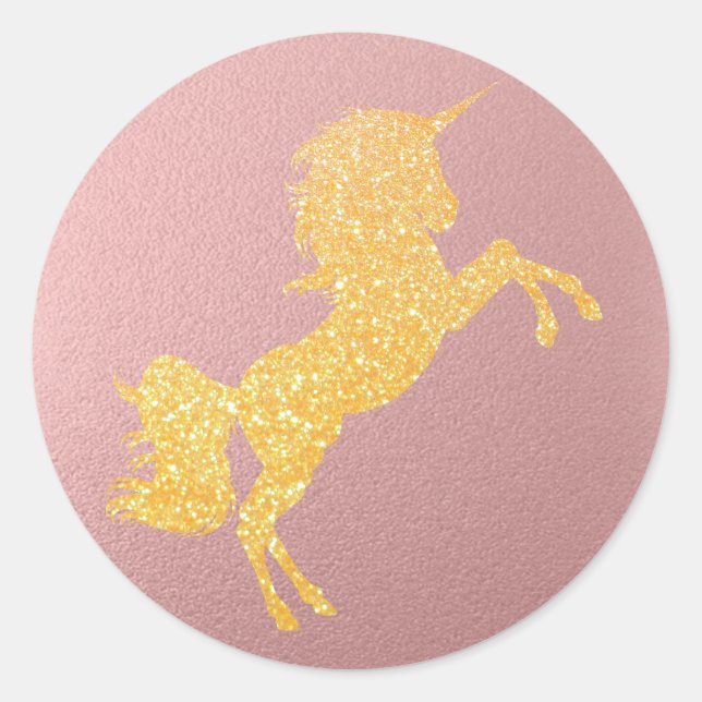 Glitzer Golden Magical Unicorn auf der Rose Runder Aufkleber (Vorderseite)