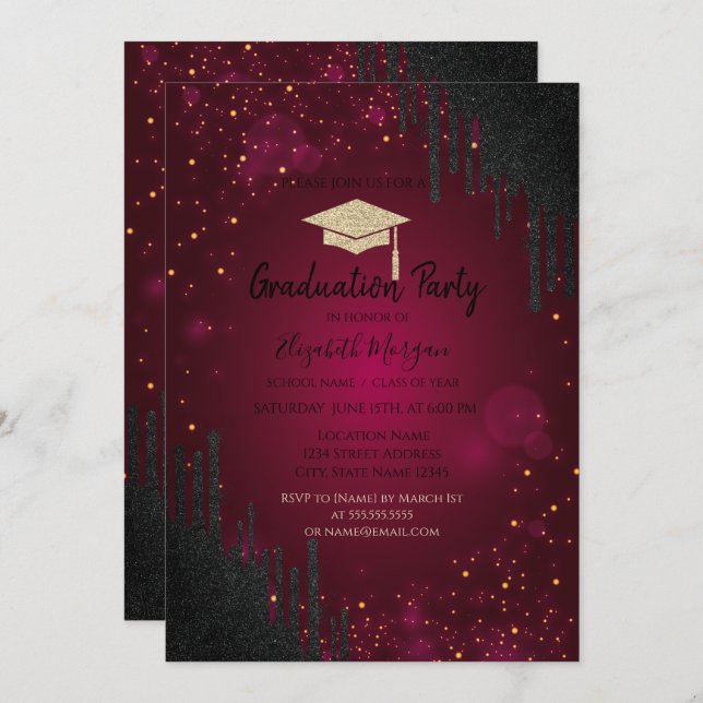 Glitzer Grad Cap, Confetti Schwarze Tropfen Rot Einladung (Vorne/Hinten)