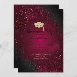 Glitzer Grad Cap, Confetti Schwarze Tropfen Rot Einladung