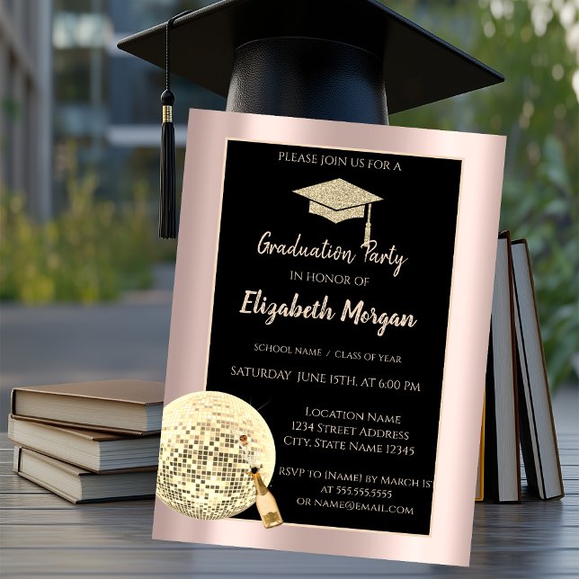 Glitzer Grad Cap, Disco Ball Confetti Rose Gold Einladung (Von Creator hochgeladen)