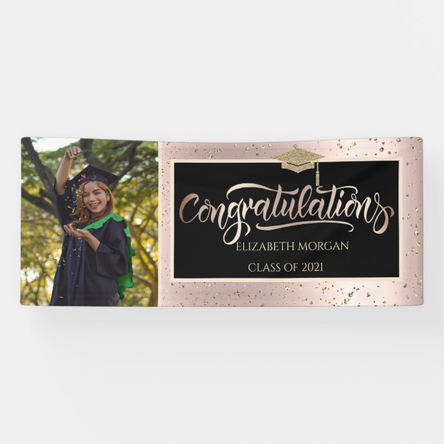 Glitzer Grad Cap, Foto Rose Gold Abschluss Banner (Horizontal)