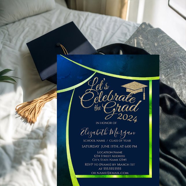 Glitzer Grad Cap Navy Blue Green Frame Abschluss Einladung (Von Creator hochgeladen)
