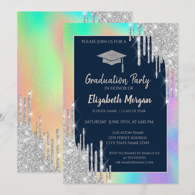 Glitzer Grad Cap, Silber-Tropfen, Rainbow-Holograf Einladung (Vorne/Hinten)