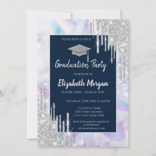 Glitzer Grad Cap, Silver Tropfens, Opal Holografic Einladung