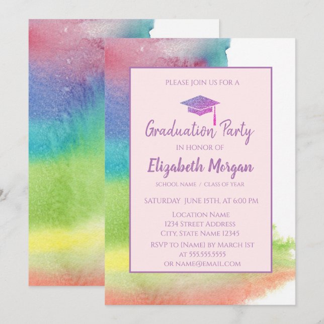 Glitzer Graduation Cap, Aquarellstrich Einladung (Vorne/Hinten)