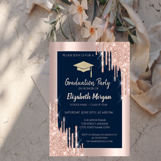 Glitzer Graduation Cap,Rose Gold Tropfen,Navy Blue Einladung (Von Creator hochgeladen)