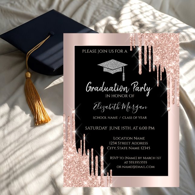 Glitzer Graduation Cap, Rose Gold Tropfen, Schwarz Einladung (Von Creator hochgeladen)