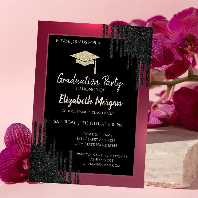 Glitzer Graduation Cap, Schwarze Tropfen Rot Einladung (Von Creator hochgeladen)