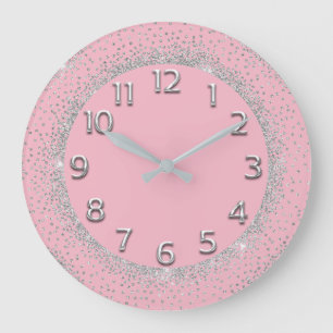 Glitzer Gray Numbers Pink Delicate Grau Silber Große Wanduhr
