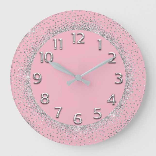 Glitzer Gray Numbers Pink Delicate Grau Silber Große Wanduhr (Vorderseite)