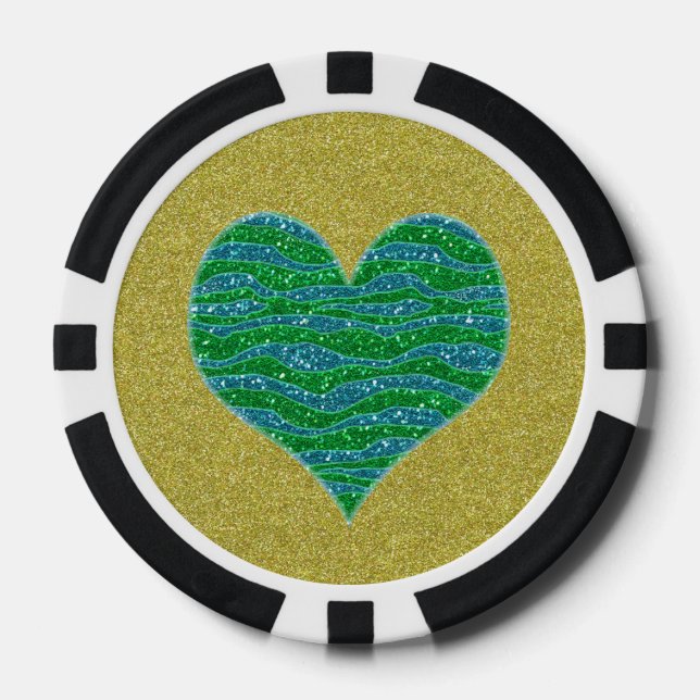 Glitzer Green Heart on Gold Glitzer Hintergrund Pokerchips (Vorderseite)