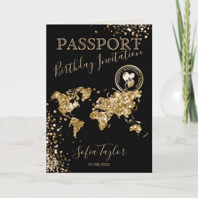 Glitzer Happy Birthday Passport-Karte für jedes Al Einladung (Vorderseite)
