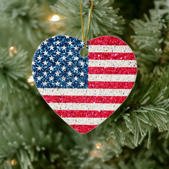 Glitzer Heart Patriotic American USA Flag Party Keramik Ornament (Baum)