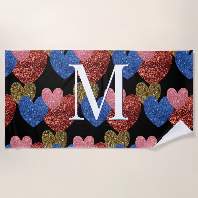 Glitzer Hearts Modern Glam Monogram Strandtuch (Vorderseite)