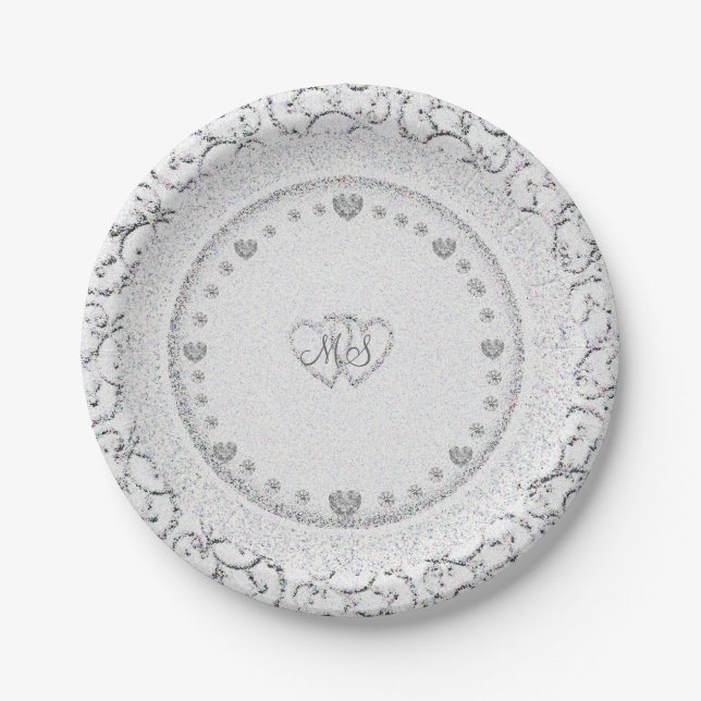 Glitzer Hearts Monogram | Hochzeit Pappteller (Vorderseite)
