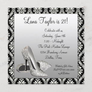 Glitzer High Heels Black Damask Geburtstagsparty Einladung