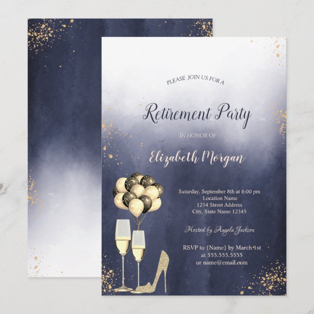 Glitzer High Heels, Ombre Blue Retirement Party Einladung (Vorne/Hinten)