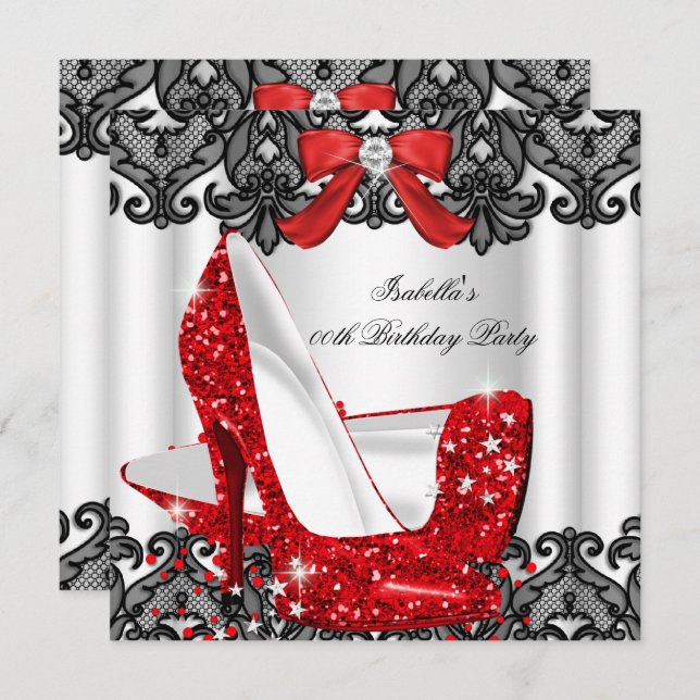 Glitzer High Heels Red Lace Diamond Silver Party 3 Einladung (Vorne/Hinten)