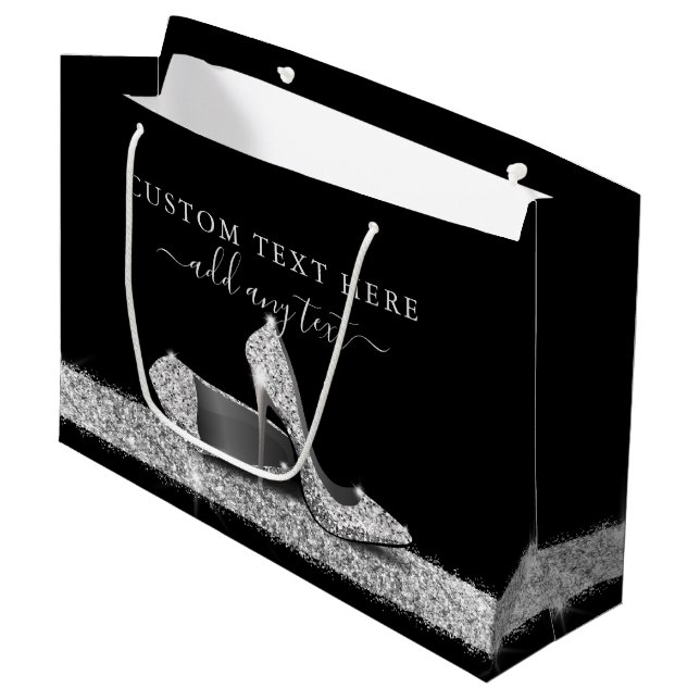 Glitzer High Heels Silver Black Personalisiert Lar Große Geschenktüte (Vorderseite Schrägansicht)
