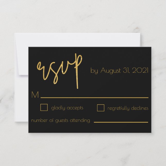 Glitzer Hochzeit in Schwarz und Gold Art Deco RSVP Karte (Vorderseite)