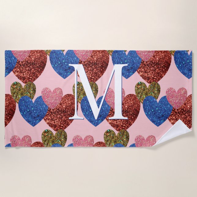 Glitzer Hört Modernes Glam Pink Monogramm Strandtuch (Vorderseite)